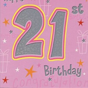 Silver Foil 21 on Pink with Stars: 21st - Designer Greetings Birthday Card