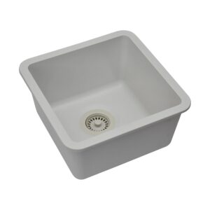 15" x 15" Quartz Kitchen Sink, Single Bowl Kitchen Sinks, Drop in Kitchen Sink, Granite Composite Kitchen Sink, Undermount Sink, Galaxy White Kitchen Sink, Includes Grid, Strainer, Flange, LP-1515-W