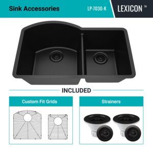 32" x 20" Quartz Kitchen Sink, 70/30 Double Bowl Kitchen Sinks, Drop in sink, Undermount Sink, Galaxy Black Kitchen Sink, Double Sink Kitchen, Grids, Strainer and Flange, Lexicon Platinum LP-7030-K