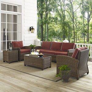 Crosley Furniture Bradenton 5-Piece Outdoor Sofa Patio Furniture Set, Wicker Conversation Sets for Porch, Brown with Sangria Cushions