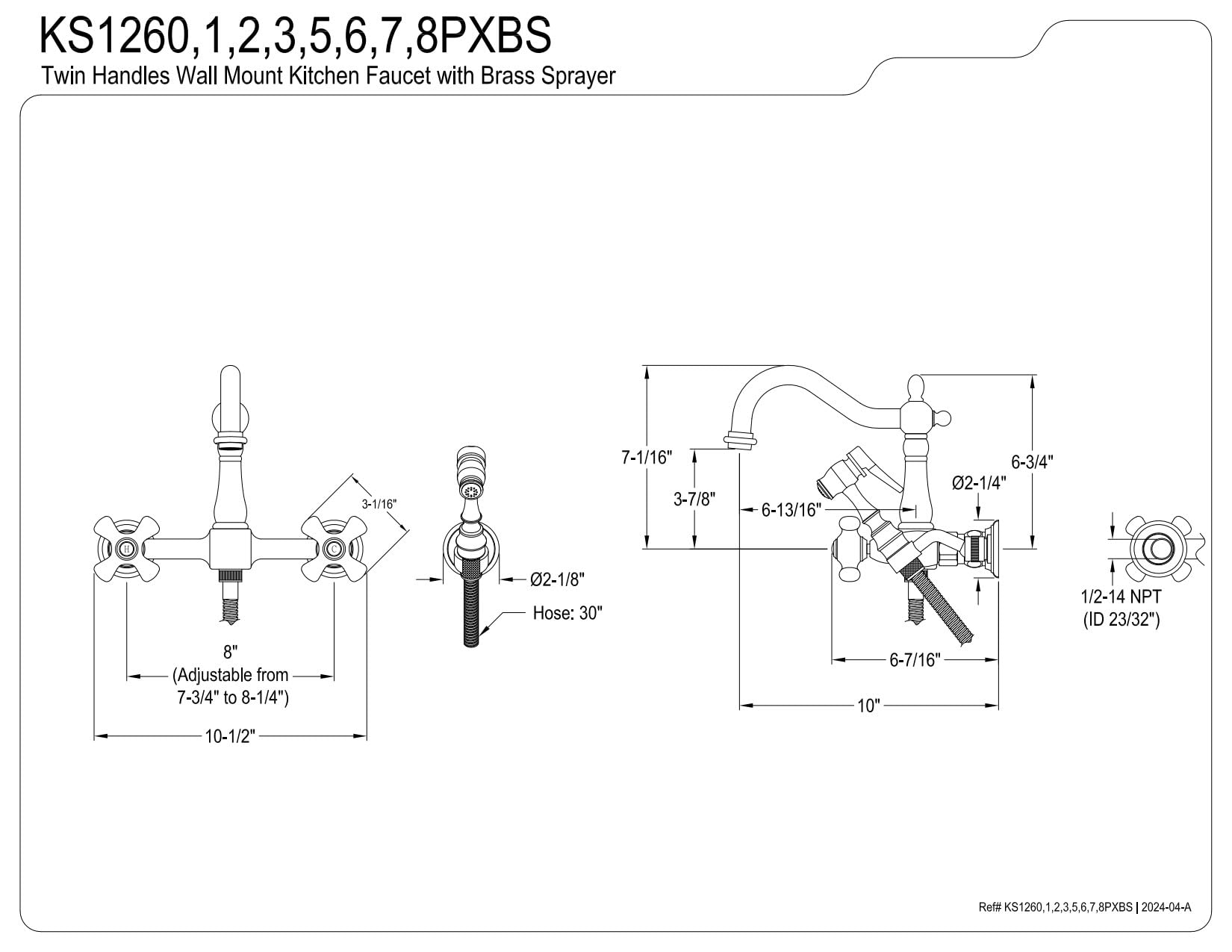 Kingston Brass KS1268PXBS Heritage Wall Mount Kitchen Faucet Sprayer, Brushed Nickel, 8 x 6.56 x 2.25