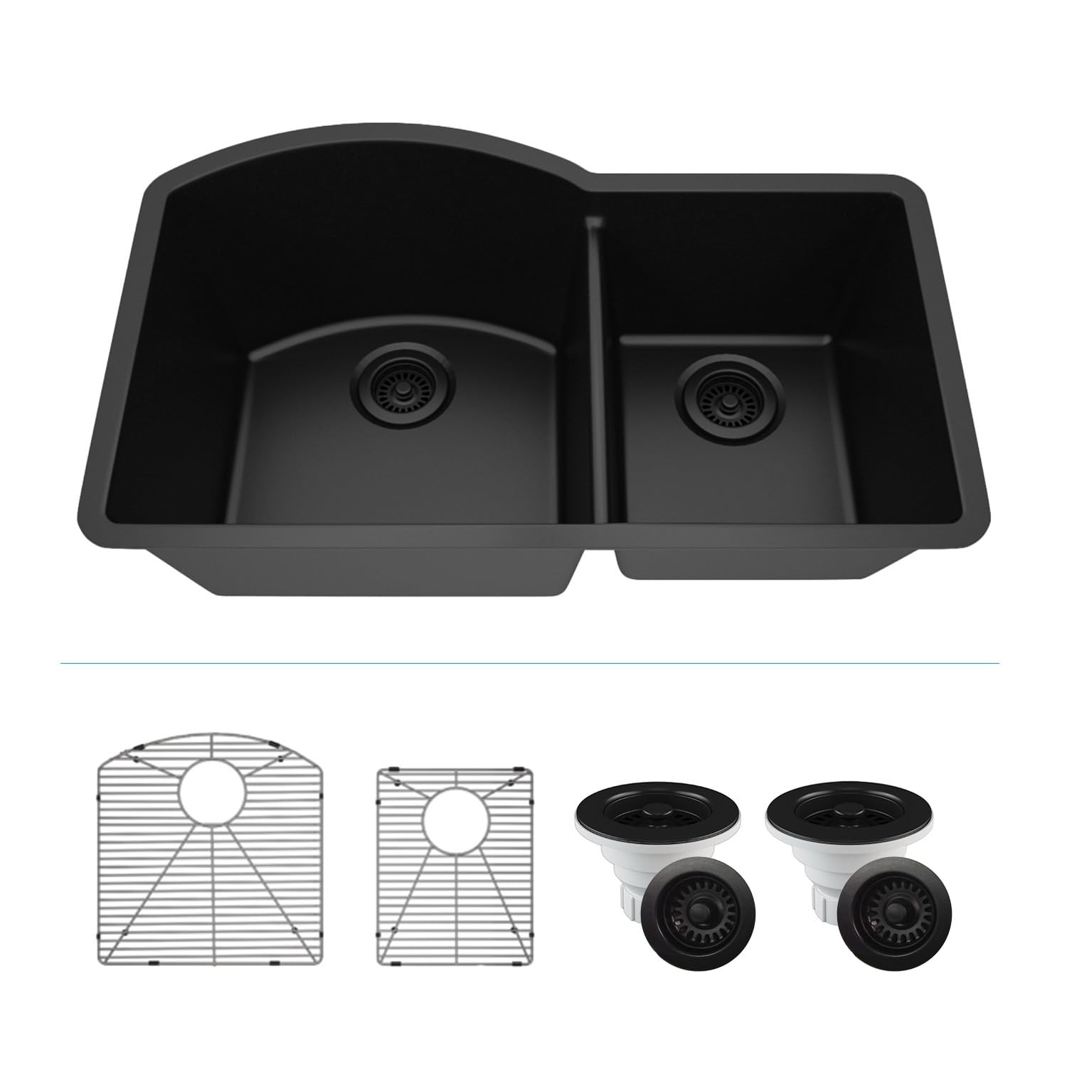 32" x 20" Quartz Kitchen Sink, 70/30 Double Bowl Kitchen Sinks, Drop in sink, Undermount Sink, Galaxy Black Kitchen Sink, Double Sink Kitchen, Grids, Strainer and Flange, Lexicon Platinum LP-7030-K