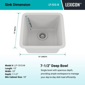 15" x 15" Quartz Kitchen Sink, Single Bowl Kitchen Sinks, Drop in Kitchen Sink, Granite Composite Kitchen Sink, Undermount Sink, Galaxy White Kitchen Sink, Includes Grid, Strainer, Flange, LP-1515-W