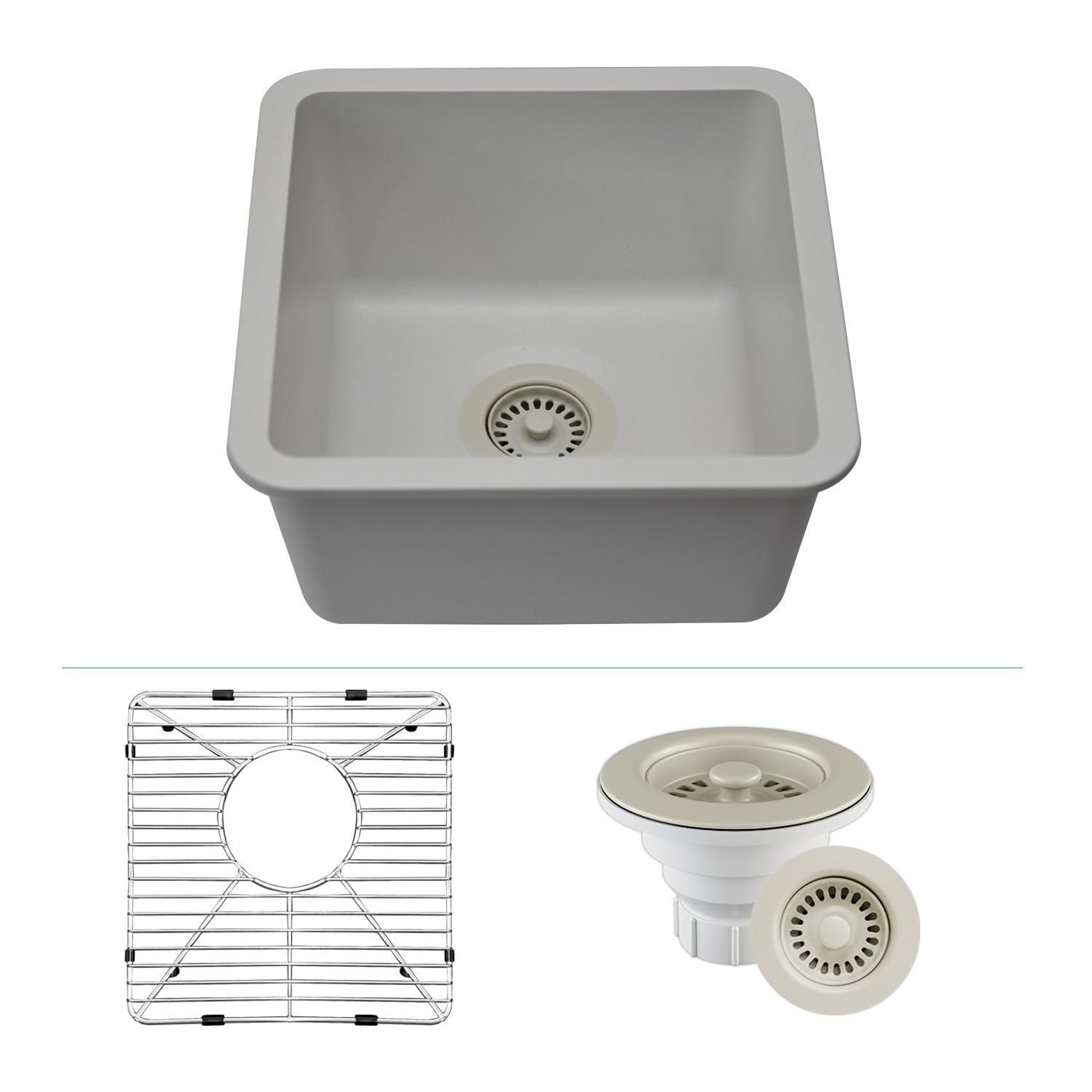 15" x 15" Quartz Kitchen Sink, Single Bowl Kitchen Sinks, Drop in Kitchen Sink, Granite Composite Kitchen Sink, Undermount Sink, Galaxy White Kitchen Sink, Includes Grid, Strainer, Flange, LP-1515-W