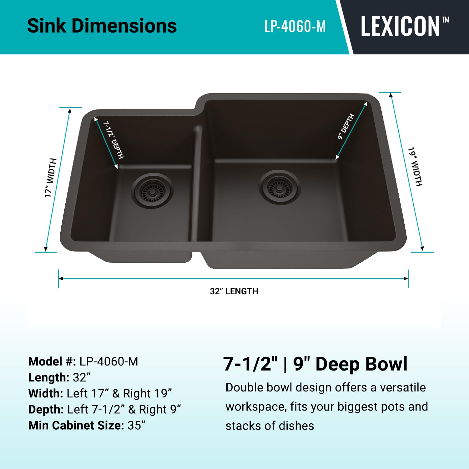 32" x 19" Quartz Kitchen Sink, 40/60 Double Bowl Kitchen Sinks, Drop-in Sink, Undermount Sink, Galaxy Mocha Kitchen Sink, Double Sink Kitchen, Grids, Strainer and Flange, Lexicon Platinum LP-4060-M