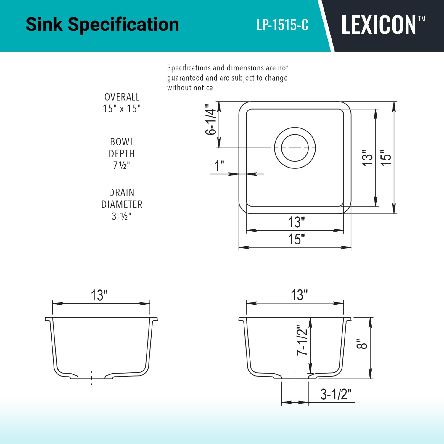 15" x 15" Quartz Kitchen Sink, Single Bowl Kitchen Sinks, Drop in Kitchen Sink, Granite Composite Kitchen Sink, Undermount Sink, Galaxy Concrete Kitchen Sink, with Grid, Strainer, Flange, LP-1515-C