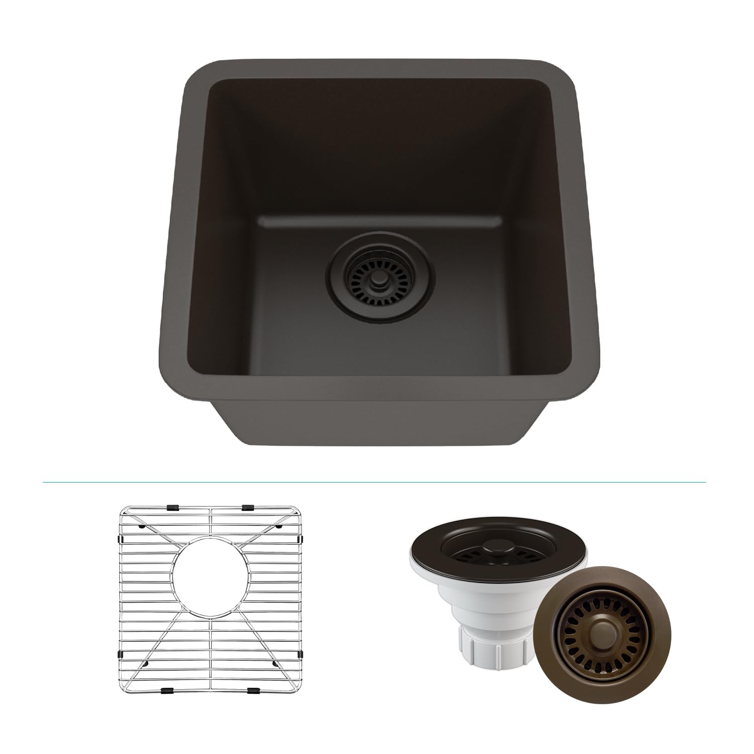 15" x 15" Quartz Kitchen Sink, Single Bowl Kitchen Sinks, Drop in Kitchen Sink, Granite Composite Kitchen Sink, Undermount Sink, Galaxy Mocha Kitchen Sink, Includes Grid, Strainer, Flange, LP-1515-M