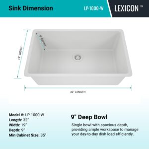 32" x 19" Quartz Kitchen Sink, Single Bowl Kitchen Sinks, Drop in Kitchen Sink, Granite Composite Kitchen Sink, Undermount Sink, Galaxy White Kitchen Sink, Includes Grid, Strainer, Flange LP-1000-W