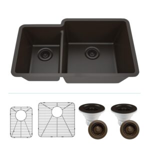 32" x 19" quartz kitchen sink, 40/60 double bowl kitchen sinks, drop-in sink, undermount sink, galaxy mocha kitchen sink, double sink kitchen, grids, strainer and flange, lexicon platinum lp-4060-m