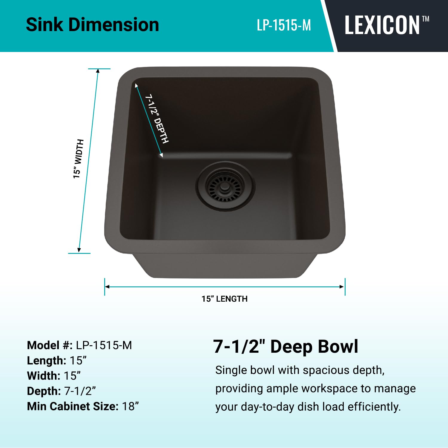 15" x 15" Quartz Kitchen Sink, Single Bowl Kitchen Sinks, Drop in Kitchen Sink, Granite Composite Kitchen Sink, Undermount Sink, Galaxy Mocha Kitchen Sink, Includes Grid, Strainer, Flange, LP-1515-M