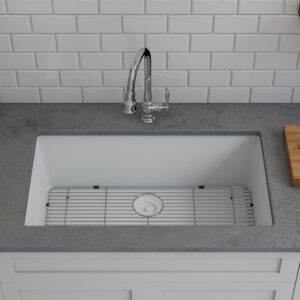 32" x 19" Quartz Kitchen Sink, Single Bowl Kitchen Sinks, Drop in Kitchen Sink, Granite Composite Kitchen Sink, Undermount Sink, Galaxy White Kitchen Sink, Includes Grid, Strainer, Flange LP-1000-W