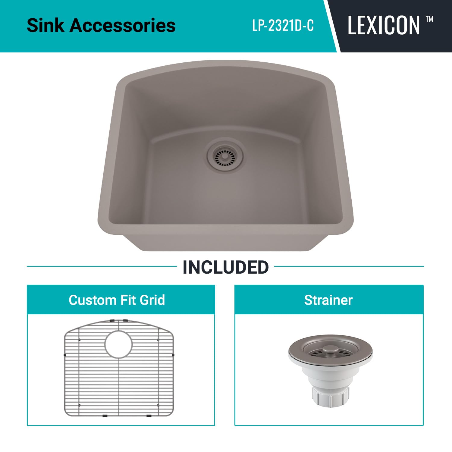 23" x 21" Quartz Kitchen Sink,D-Shaped, Single Bowl Kitchen Sinks, Drop in Kitchen Sink, Granite Composite Kitchen Sink, Undermount Sink, Galaxy Concrete kitchen sinks, with Grid, Strainer, LP-2321D-C