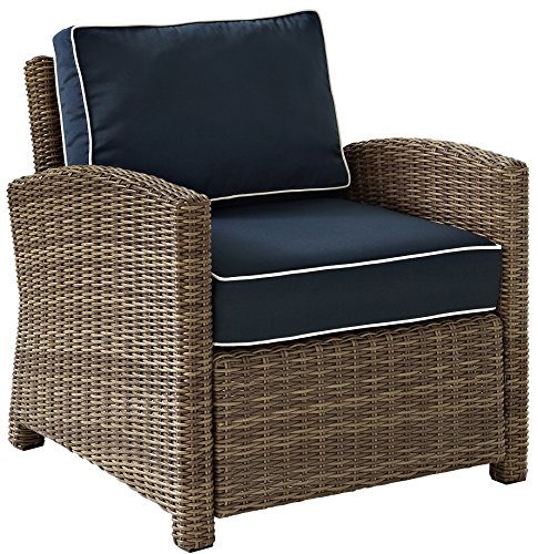 Crosley Furniture Bradenton 5-Piece Outdoor Sofa Patio Furniture Set, Wicker Conversation Sets for Porch, Brown with Navy Cushions