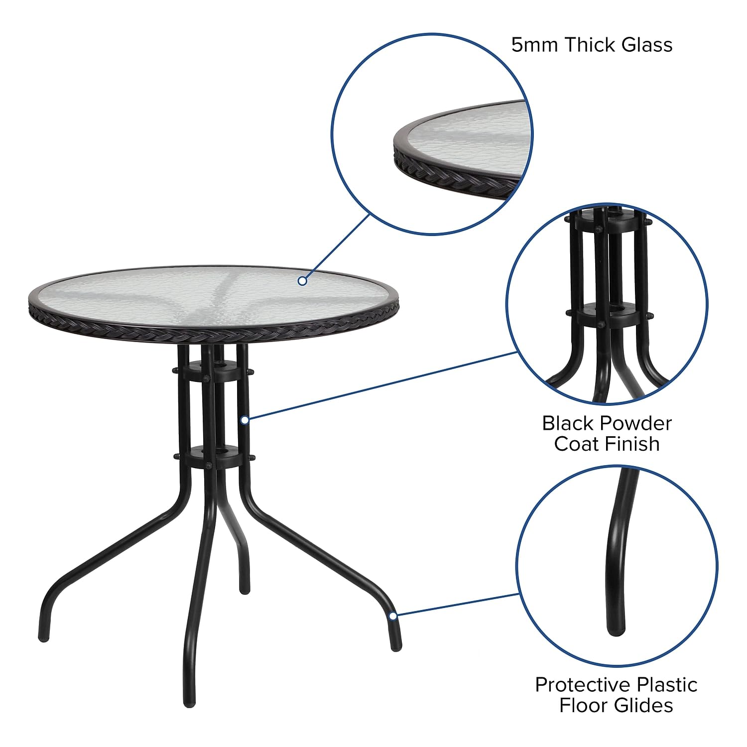 Flash Furniture Barker 28'' Round Tempered Glass Metal Table with Black Rattan Edging