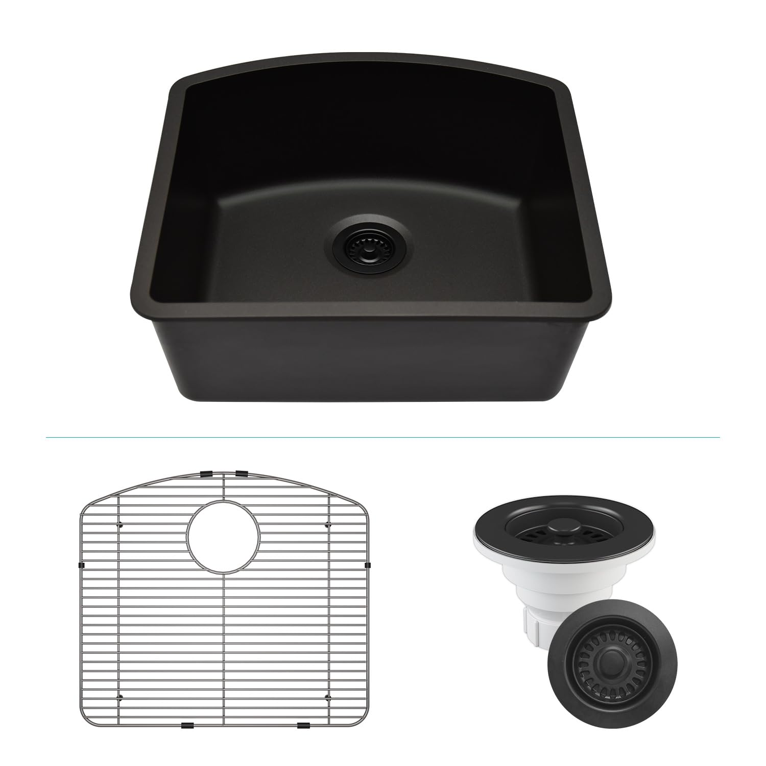 23" x 21" Quartz Kitchen Sink,D-Shaped, Single Bowl Kitchen Sinks, Drop in Kitchen Sink, Granite Composite Kitchen Sink, Undermount Sink, Galaxy black kitchen sinks, with Grid, Strainer, LP-2321D-K