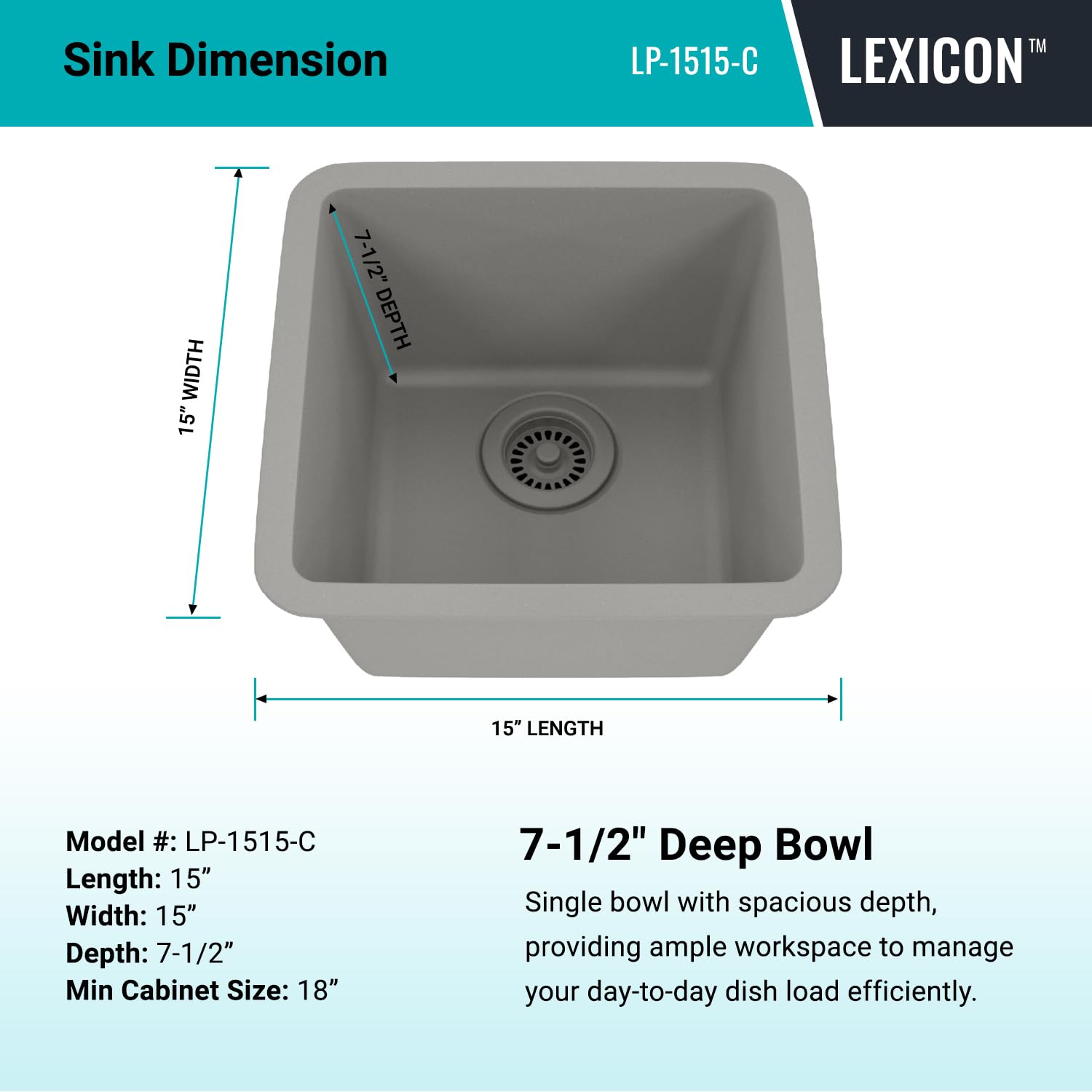 15" x 15" Quartz Kitchen Sink, Single Bowl Kitchen Sinks, Drop in Kitchen Sink, Granite Composite Kitchen Sink, Undermount Sink, Galaxy Concrete Kitchen Sink, with Grid, Strainer, Flange, LP-1515-C