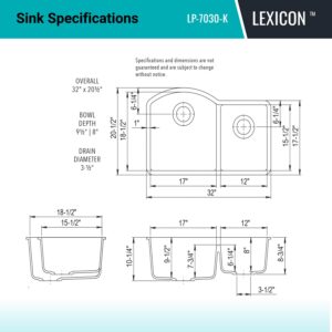 32" x 20" Quartz Kitchen Sink, 70/30 Double Bowl Kitchen Sinks, Drop in sink, Undermount Sink, Galaxy Black Kitchen Sink, Double Sink Kitchen, Grids, Strainer and Flange, Lexicon Platinum LP-7030-K