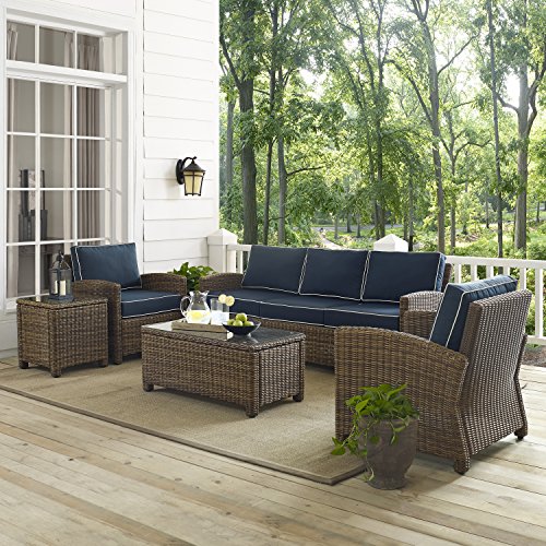 Crosley Furniture Bradenton 5-Piece Outdoor Sofa Patio Furniture Set, Wicker Conversation Sets for Porch, Brown with Navy Cushions