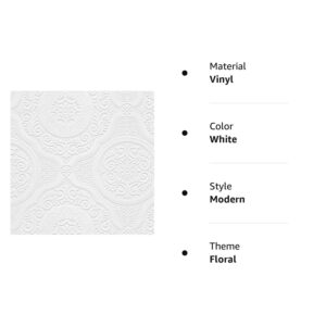 Norwall NW48932 Carter Series Vinyl Textured Paintable Floral Scroll Boarded Square Design Large Wallpaper Roll, 21" W x 33'L, White