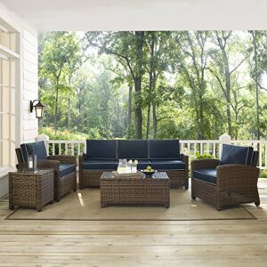 Crosley Furniture Bradenton 5-Piece Outdoor Sofa Patio Furniture Set, Wicker Conversation Sets for Porch, Brown with Navy Cushions