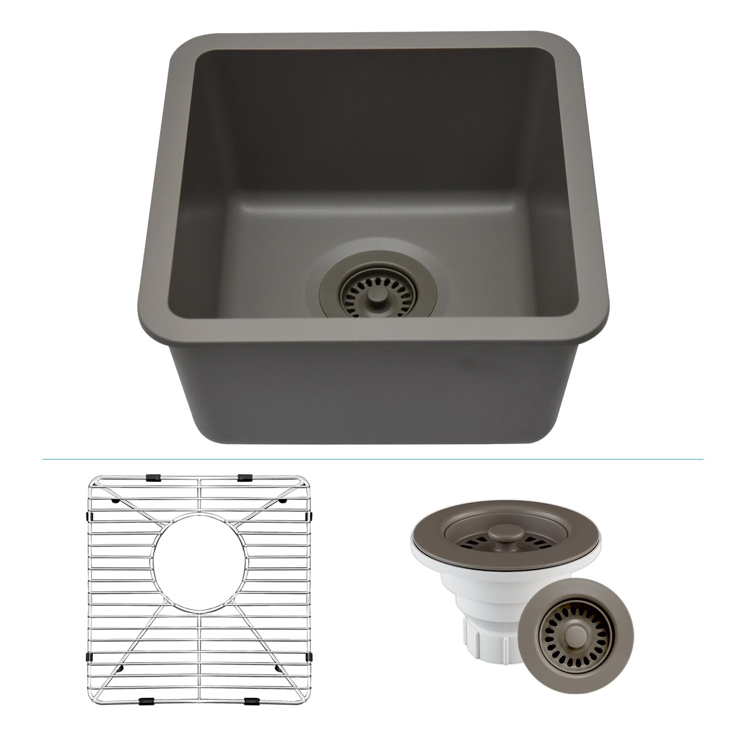 15" x 15" Quartz Kitchen Sink, Single Bowl Kitchen Sinks, Drop in Kitchen Sink, Granite Composite Kitchen Sink, Undermount Sink, Galaxy Concrete Kitchen Sink, with Grid, Strainer, Flange, LP-1515-C