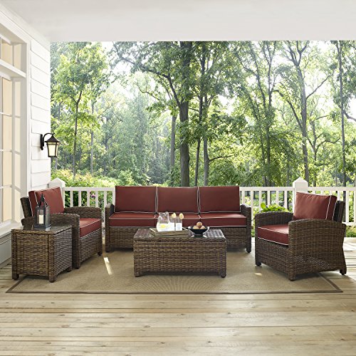 Crosley Furniture Bradenton 5-Piece Outdoor Sofa Patio Furniture Set, Wicker Conversation Sets for Porch, Brown with Sangria Cushions