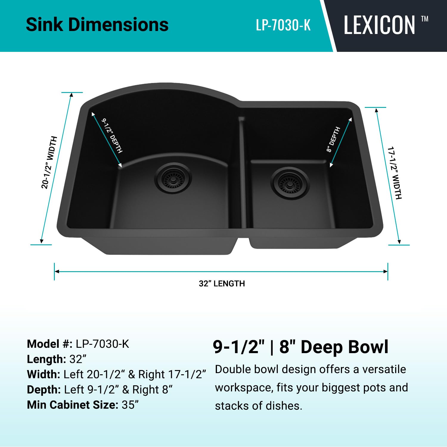 32" x 20" Quartz Kitchen Sink, 70/30 Double Bowl Kitchen Sinks, Drop in sink, Undermount Sink, Galaxy Black Kitchen Sink, Double Sink Kitchen, Grids, Strainer and Flange, Lexicon Platinum LP-7030-K