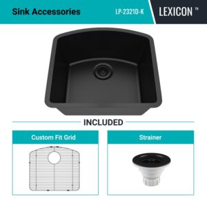 23" x 21" Quartz Kitchen Sink,D-Shaped, Single Bowl Kitchen Sinks, Drop in Kitchen Sink, Granite Composite Kitchen Sink, Undermount Sink, Galaxy black kitchen sinks, with Grid, Strainer, LP-2321D-K