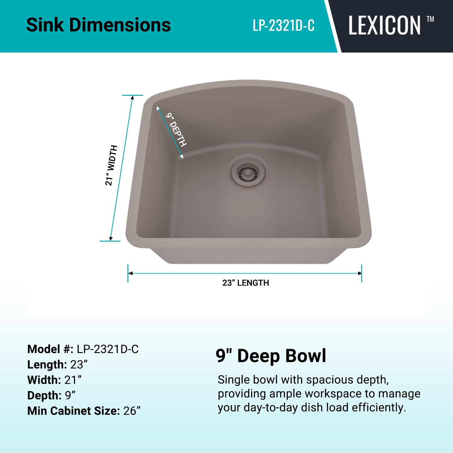 23" x 21" Quartz Kitchen Sink,D-Shaped, Single Bowl Kitchen Sinks, Drop in Kitchen Sink, Granite Composite Kitchen Sink, Undermount Sink, Galaxy Concrete kitchen sinks, with Grid, Strainer, LP-2321D-C