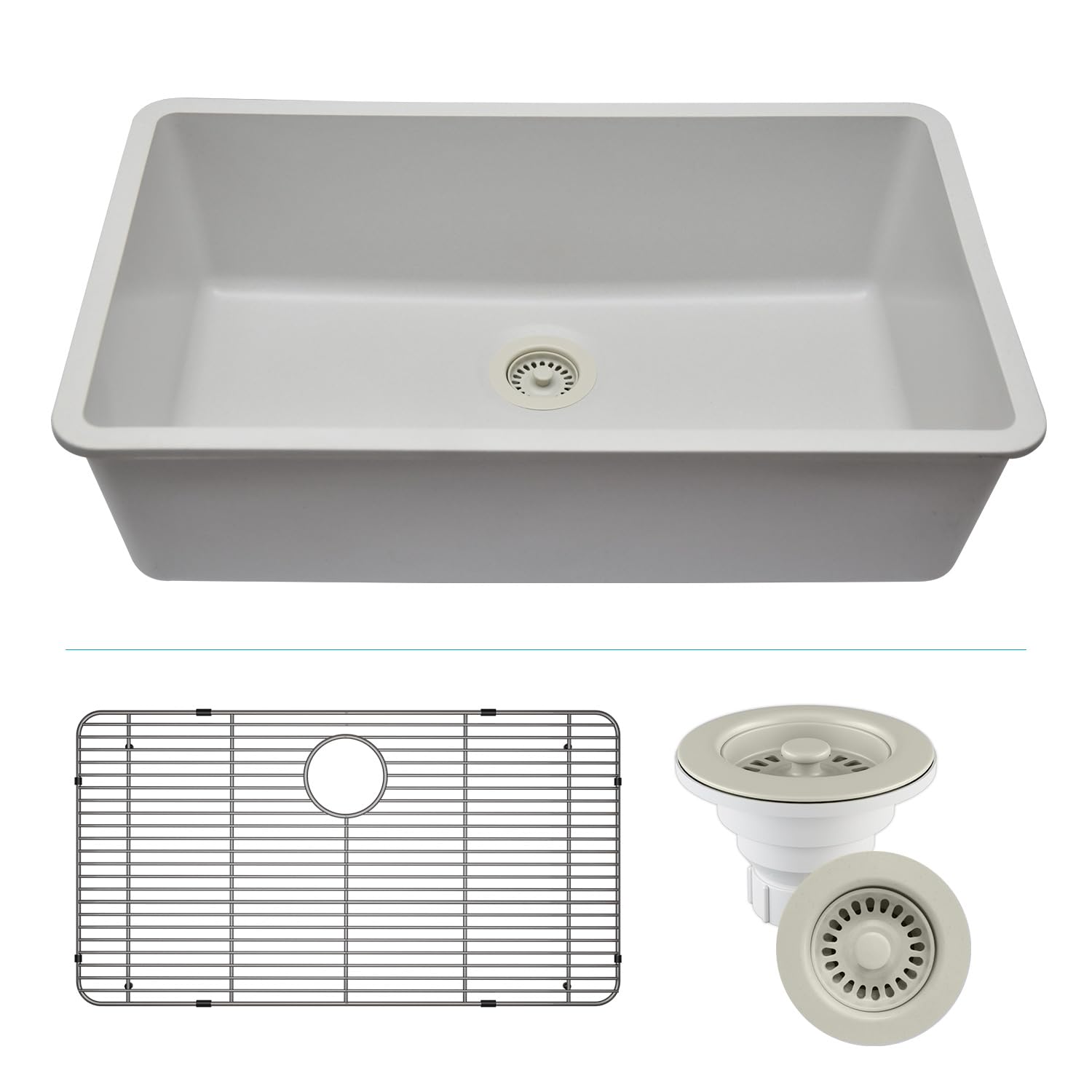 32" x 19" Quartz Kitchen Sink, Single Bowl Kitchen Sinks, Drop in Kitchen Sink, Granite Composite Kitchen Sink, Undermount Sink, Galaxy White Kitchen Sink, Includes Grid, Strainer, Flange LP-1000-W