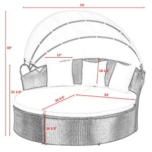 Tangkula Patio Furniture Outdoor Lawn Backyard Poolside Garden Round with Retractable Canopy Wicker Rattan 74" Diameter Round Daybed, Seating Separates Cushioned Seats (Without Table Round Bed)