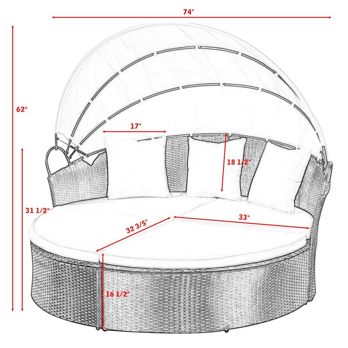 Tangkula Patio Furniture Outdoor Lawn Backyard Poolside Garden Round with Retractable Canopy Wicker Rattan 74" Diameter Round Daybed, Seating Separates Cushioned Seats (Without Table Round Bed)