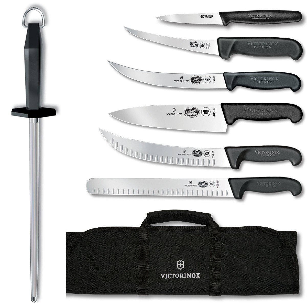 Victorinox - VN46137 Swiss Army Cutlery Fibrox Pro Ultimate Competition BBQ Set, Knife Roll, 8-Piece, Black