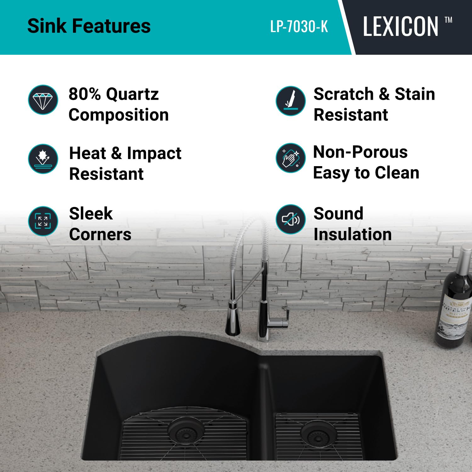 32" x 20" Quartz Kitchen Sink, 70/30 Double Bowl Kitchen Sinks, Drop in sink, Undermount Sink, Galaxy Black Kitchen Sink, Double Sink Kitchen, Grids, Strainer and Flange, Lexicon Platinum LP-7030-K