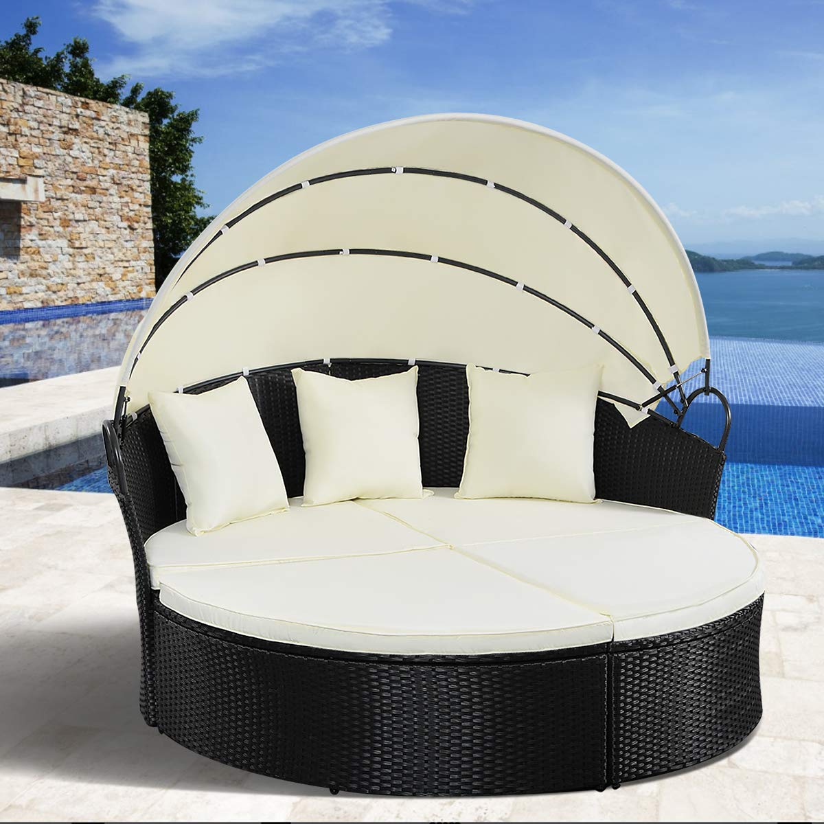 Tangkula Patio Furniture Outdoor Lawn Backyard Poolside Garden Round with Retractable Canopy Wicker Rattan 74" Diameter Round Daybed, Seating Separates Cushioned Seats (Without Table Round Bed)