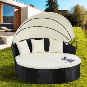 Tangkula Patio Furniture Outdoor Lawn Backyard Poolside Garden Round with Retractable Canopy Wicker Rattan 74" Diameter Round Daybed, Seating Separates Cushioned Seats (Without Table Round Bed)