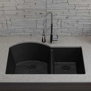 32" x 20" Quartz Kitchen Sink, 70/30 Double Bowl Kitchen Sinks, Drop in sink, Undermount Sink, Galaxy Black Kitchen Sink, Double Sink Kitchen, Grids, Strainer and Flange, Lexicon Platinum LP-7030-K