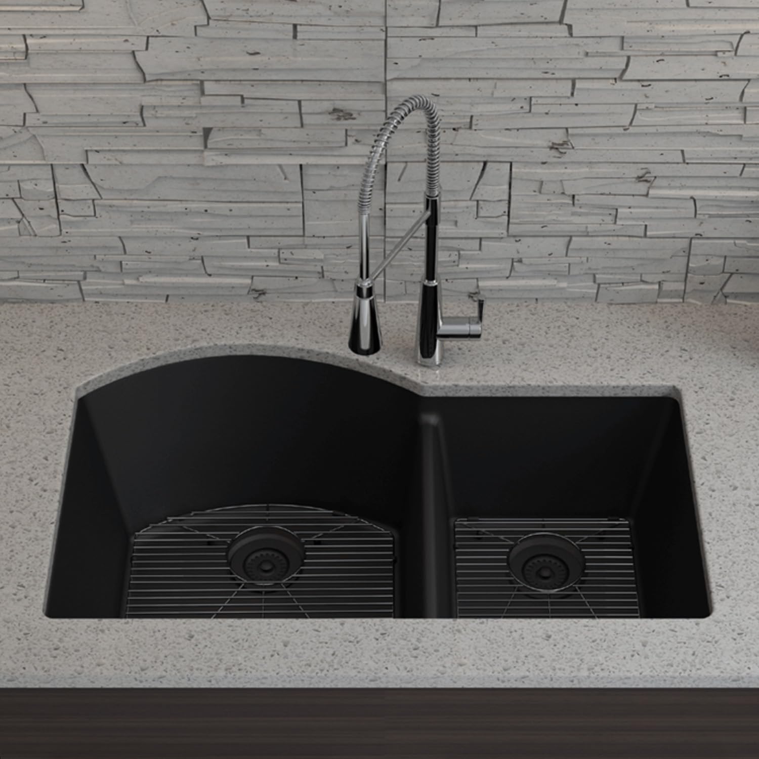 32" x 20" Quartz Kitchen Sink, 70/30 Double Bowl Kitchen Sinks, Drop in sink, Undermount Sink, Galaxy Black Kitchen Sink, Double Sink Kitchen, Grids, Strainer and Flange, Lexicon Platinum LP-7030-K