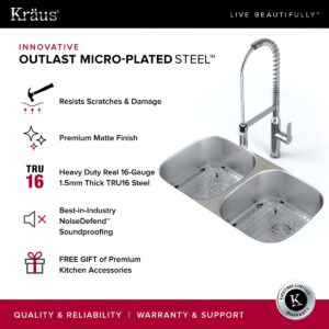 KRAUS Outlast MicroShield™ Scratch-Resist Stainless Steel Undermount 50/50 Double Bowl Sink, 32" 16 Gauge, Premier Series KBU22E