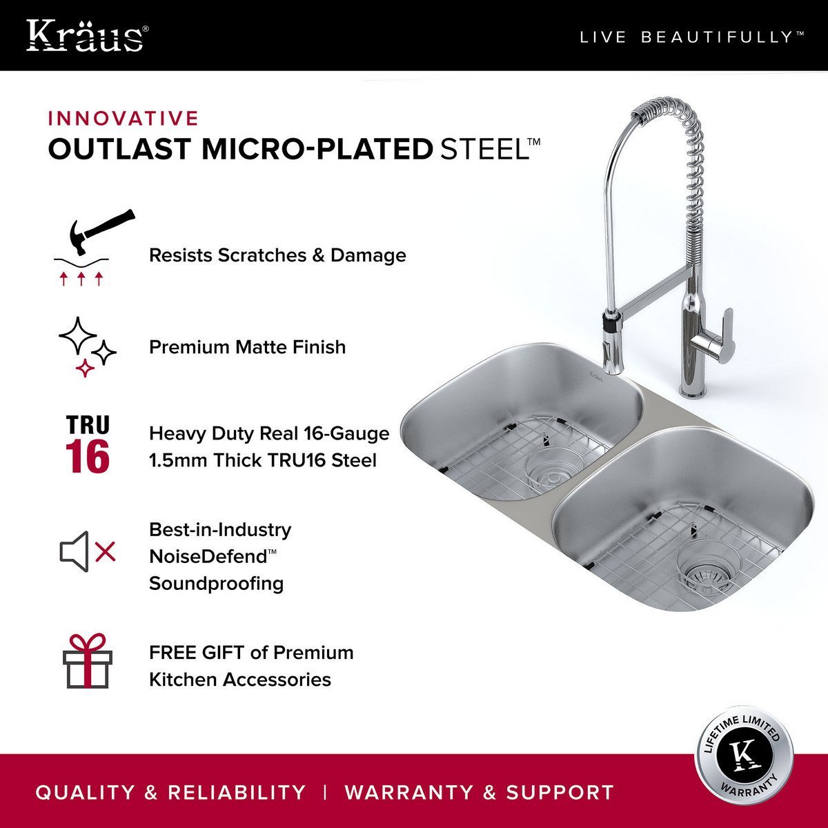 KRAUS Outlast MicroShield™ Scratch-Resist Stainless Steel Undermount 50/50 Double Bowl Sink, 32" 16 Gauge, Premier Series KBU22E