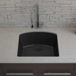 23" x 21" Quartz Kitchen Sink,D-Shaped, Single Bowl Kitchen Sinks, Drop in Kitchen Sink, Granite Composite Kitchen Sink, Undermount Sink, Galaxy black kitchen sinks, with Grid, Strainer, LP-2321D-K