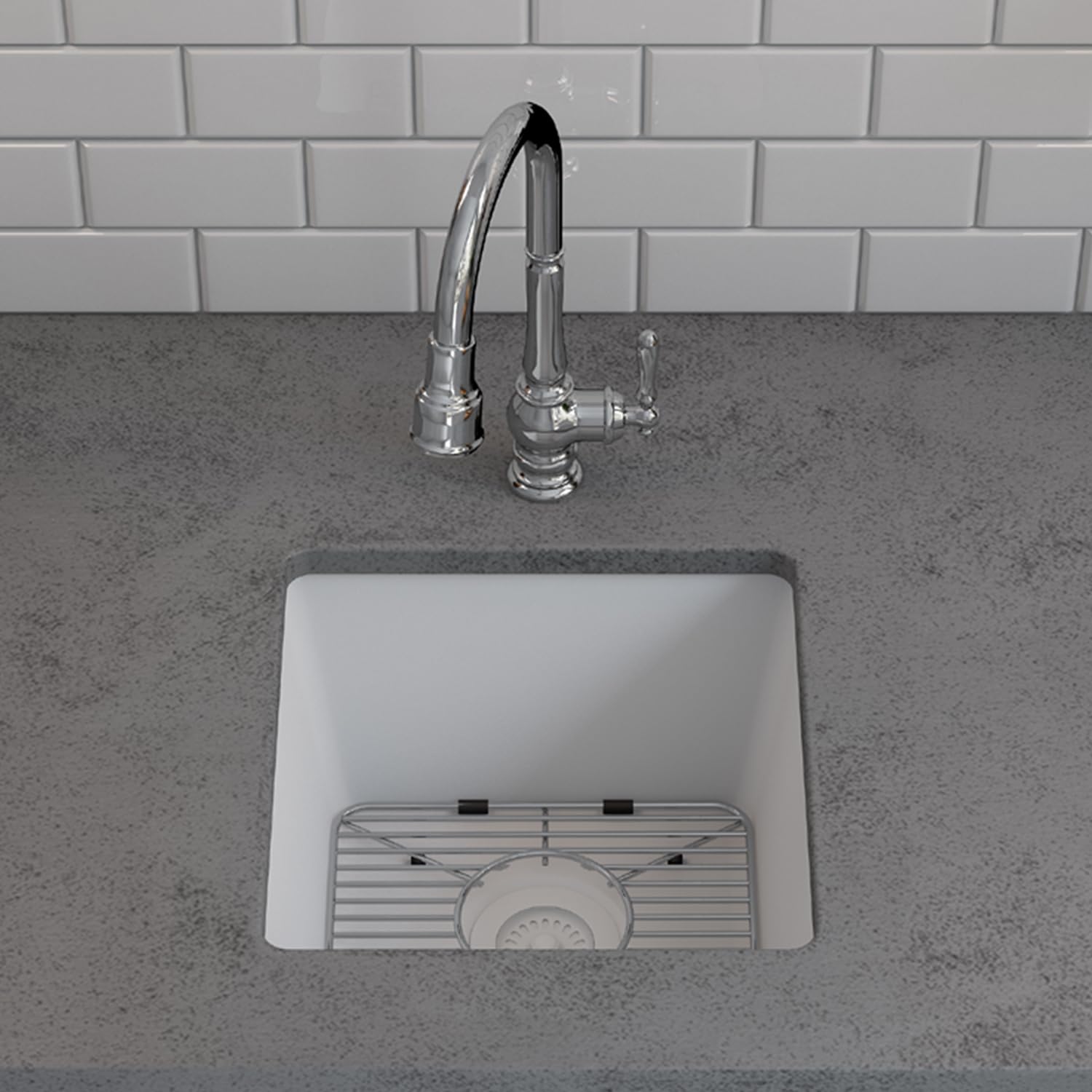 15" x 15" Quartz Kitchen Sink, Single Bowl Kitchen Sinks, Drop in Kitchen Sink, Granite Composite Kitchen Sink, Undermount Sink, Galaxy White Kitchen Sink, Includes Grid, Strainer, Flange, LP-1515-W