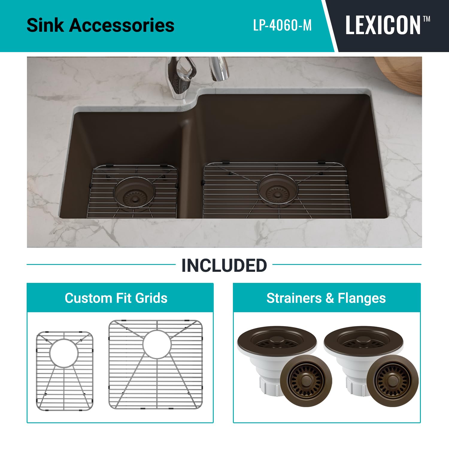 32" x 19" Quartz Kitchen Sink, 40/60 Double Bowl Kitchen Sinks, Drop-in Sink, Undermount Sink, Galaxy Mocha Kitchen Sink, Double Sink Kitchen, Grids, Strainer and Flange, Lexicon Platinum LP-4060-M