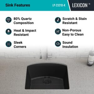 23" x 21" Quartz Kitchen Sink,D-Shaped, Single Bowl Kitchen Sinks, Drop in Kitchen Sink, Granite Composite Kitchen Sink, Undermount Sink, Galaxy black kitchen sinks, with Grid, Strainer, LP-2321D-K