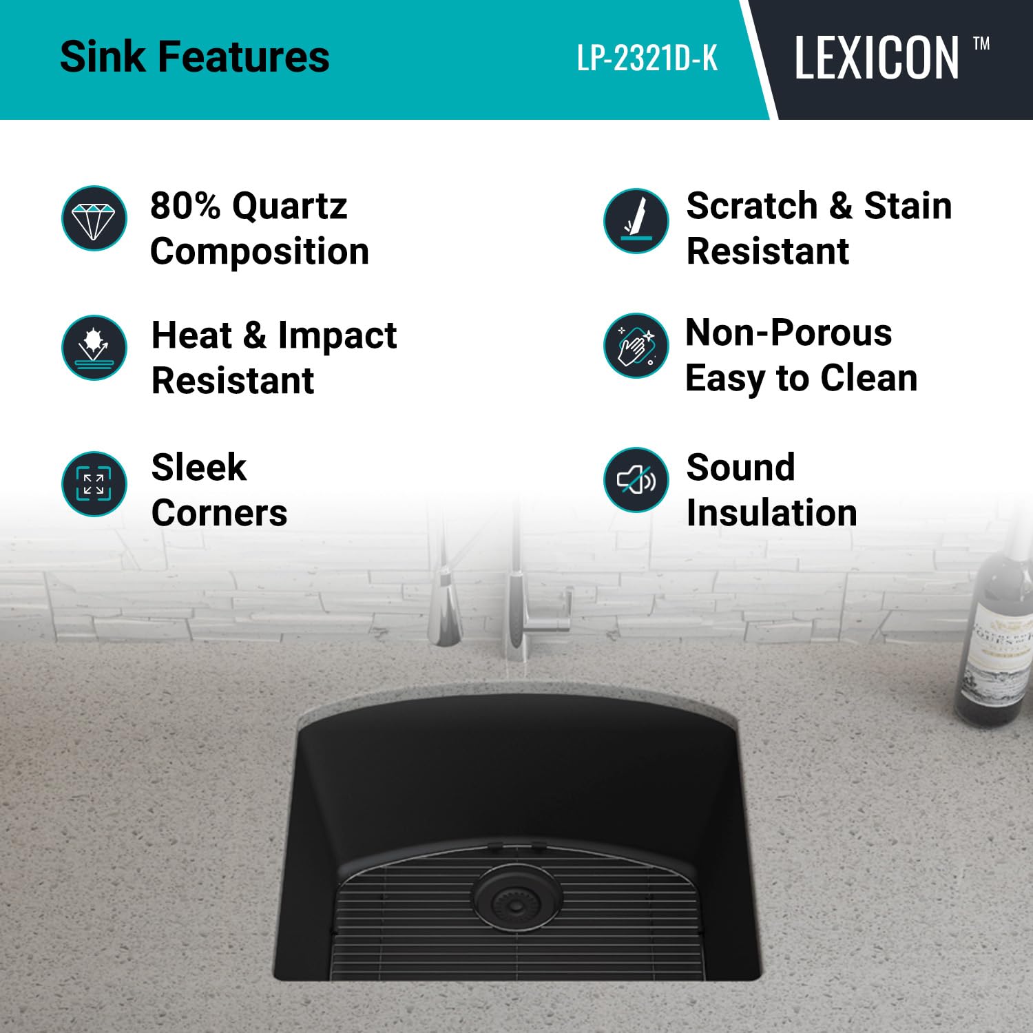 23" x 21" Quartz Kitchen Sink,D-Shaped, Single Bowl Kitchen Sinks, Drop in Kitchen Sink, Granite Composite Kitchen Sink, Undermount Sink, Galaxy black kitchen sinks, with Grid, Strainer, LP-2321D-K