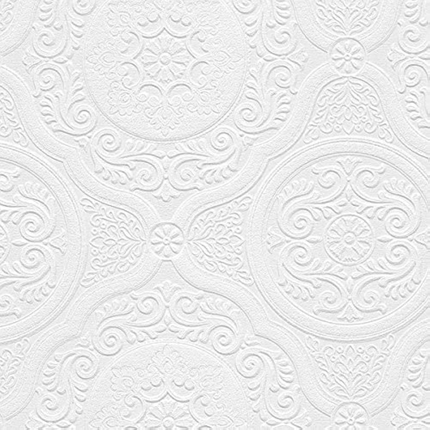 Norwall NW48932 Carter Series Vinyl Textured Paintable Floral Scroll Boarded Square Design Large Wallpaper Roll, 21" W x 33'L, White