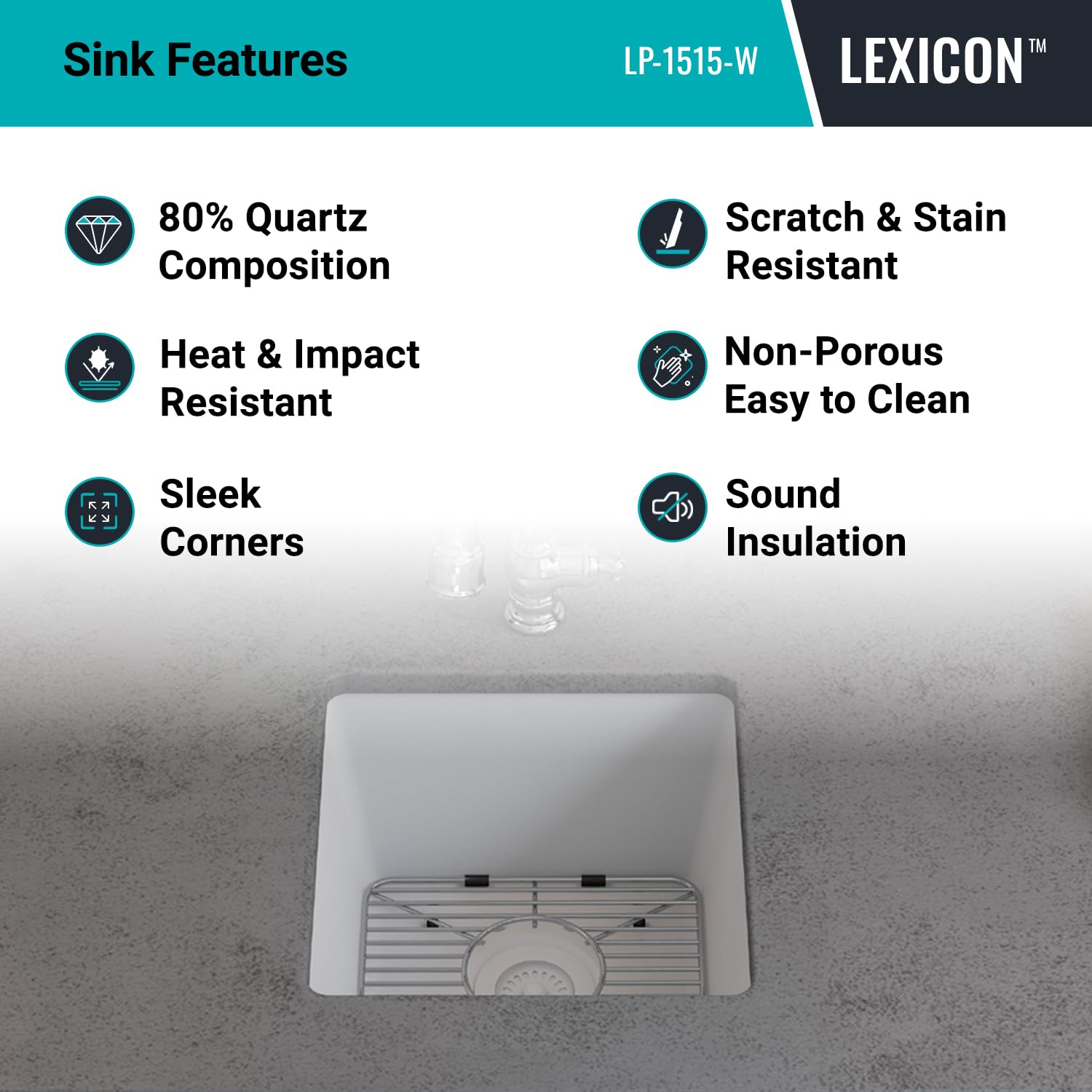 15" x 15" Quartz Kitchen Sink, Single Bowl Kitchen Sinks, Drop in Kitchen Sink, Granite Composite Kitchen Sink, Undermount Sink, Galaxy White Kitchen Sink, Includes Grid, Strainer, Flange, LP-1515-W