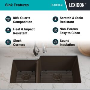 32" x 19" Quartz Kitchen Sink, 40/60 Double Bowl Kitchen Sinks, Drop-in Sink, Undermount Sink, Galaxy Mocha Kitchen Sink, Double Sink Kitchen, Grids, Strainer and Flange, Lexicon Platinum LP-4060-M