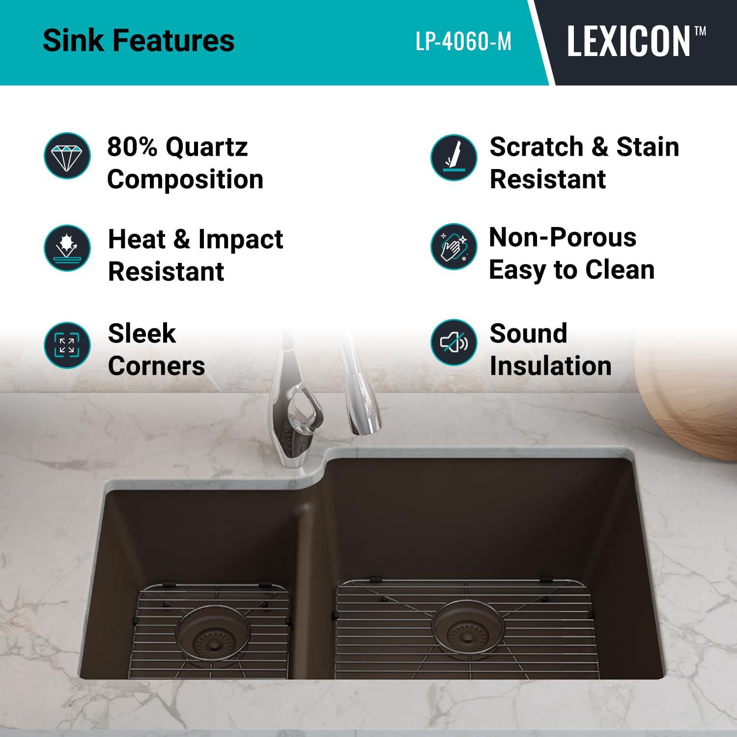 32" x 19" Quartz Kitchen Sink, 40/60 Double Bowl Kitchen Sinks, Drop-in Sink, Undermount Sink, Galaxy Mocha Kitchen Sink, Double Sink Kitchen, Grids, Strainer and Flange, Lexicon Platinum LP-4060-M