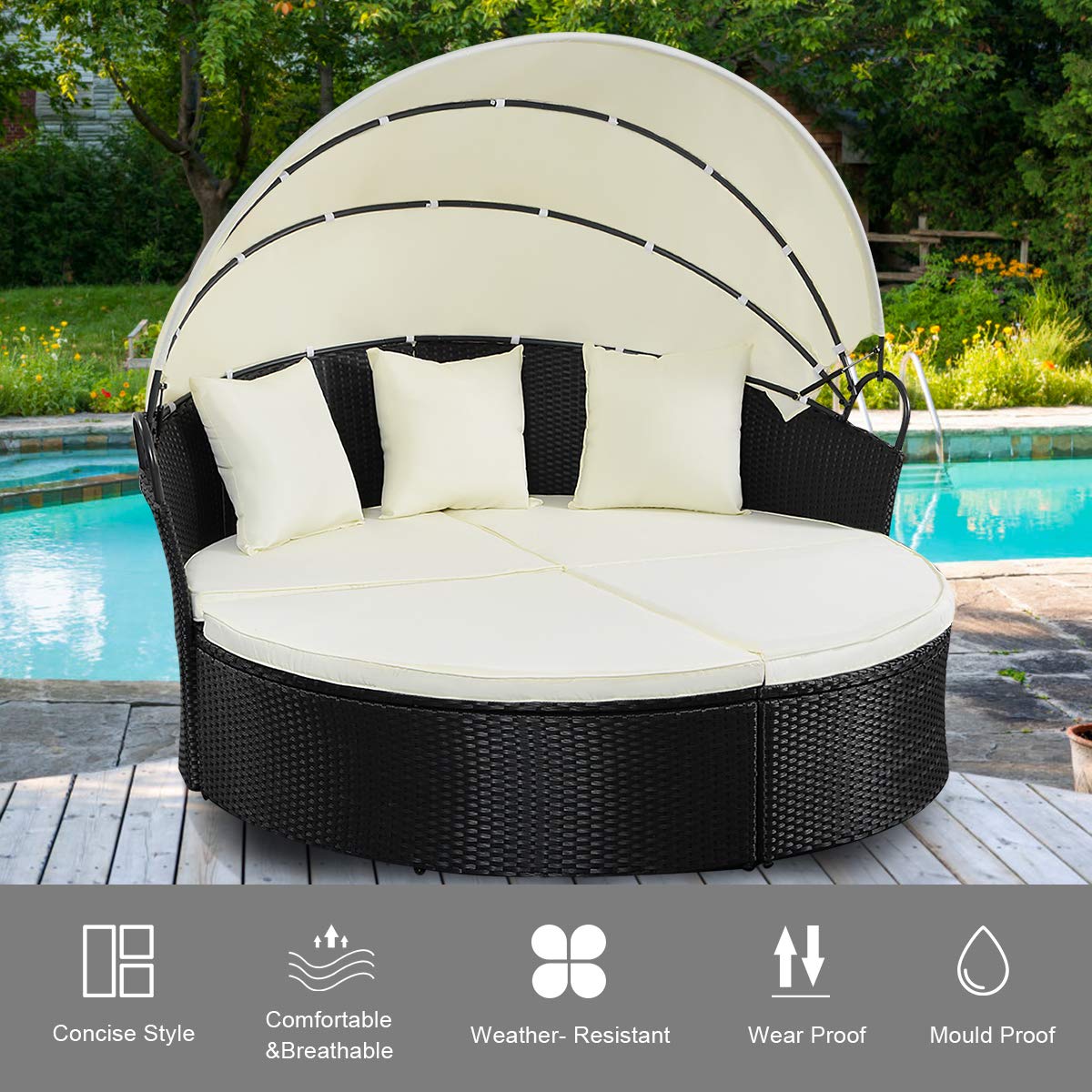 Tangkula Patio Furniture Outdoor Lawn Backyard Poolside Garden Round with Retractable Canopy Wicker Rattan 74" Diameter Round Daybed, Seating Separates Cushioned Seats (Without Table Round Bed)